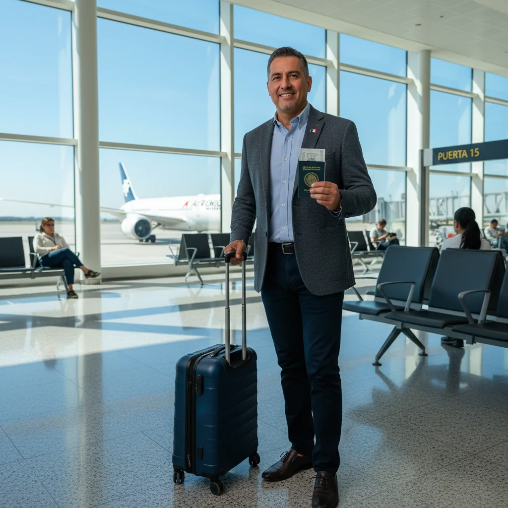 A photorealistic image depicting an adult Mexican professional, around 30-40 years old, standing confidently at the Mexico City International Airport departure gate, holding a passport and a small suitcase, looking towards the airplane on the tarmac in the background, with the Mexican flag subtly visible, symbolizing the completion of an exit questionnaire process for leaving the country.