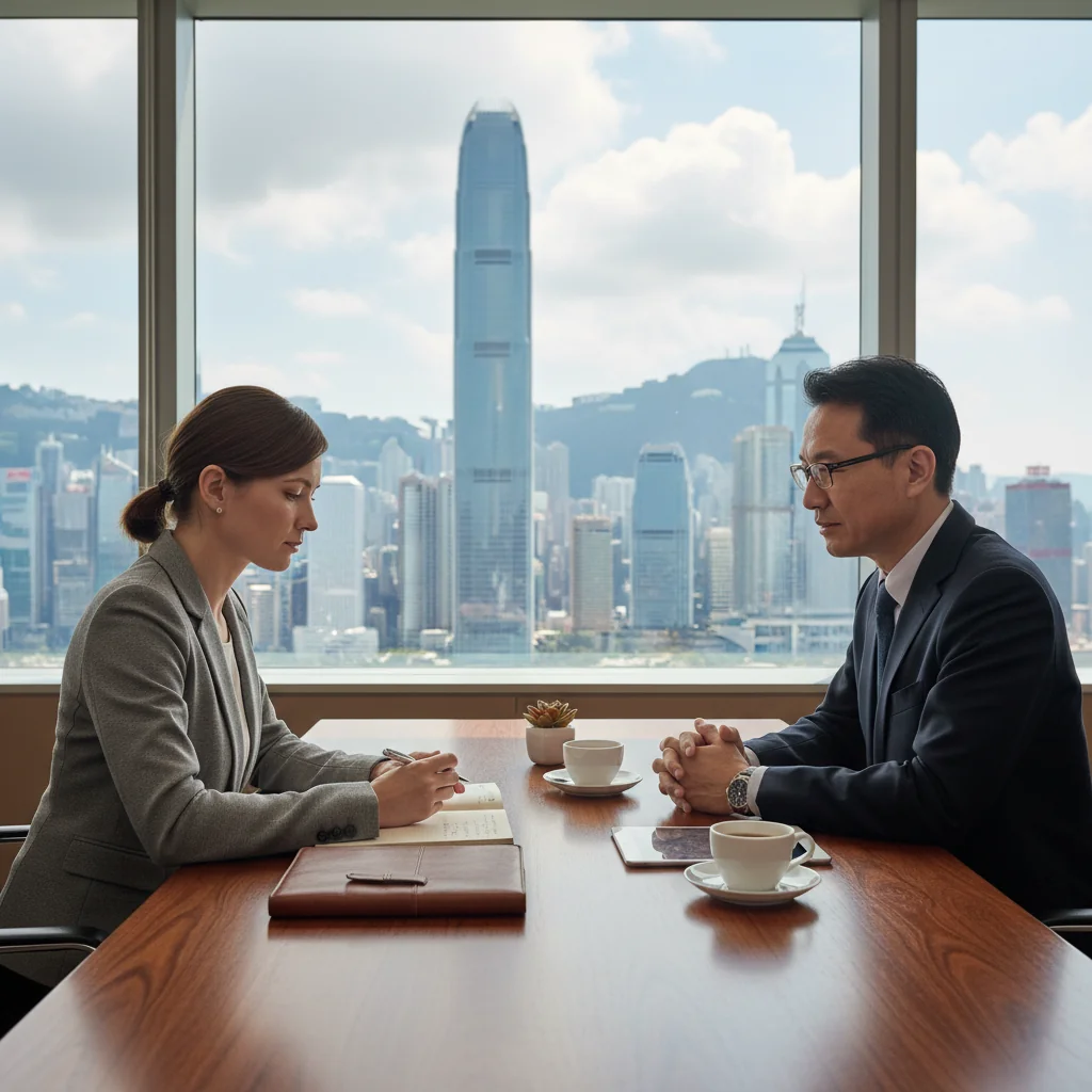 A photorealistic image of a professional exit interview in a modern Hong Kong office, showing an adult employee and a manager engaged in a calm conversation across a desk, with subtle city skyline view in the background, conveying reflection and transition.