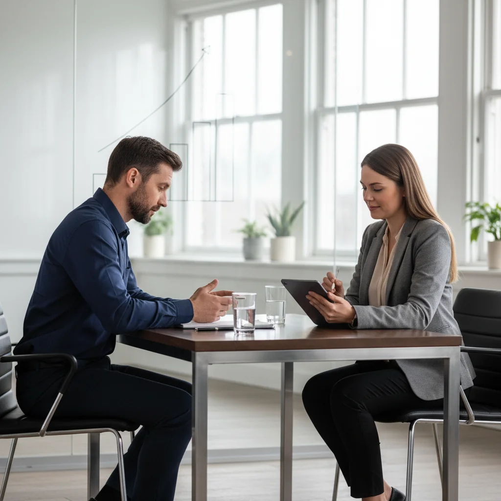 A photorealistic image of a professional exit interview in an office setting, showing an adult employee and HR manager engaged in a constructive conversation across a desk, with subtle elements symbolizing HR improvement like a growth chart in the background, conveying a positive and reflective atmosphere for better HR practices.