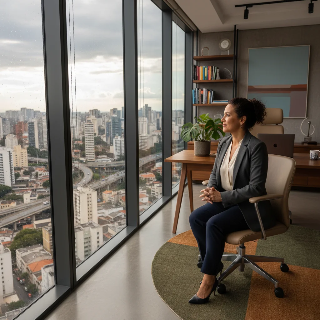 A photorealistic image depicting an adult professional in a modern office setting, thoughtfully reflecting on their career path, symbolizing the exit interview process in a Brazilian workplace. The scene shows the person looking contemplative at a window with a subtle Brazilian cityscape in the background, emphasizing themes of feedback and improvement without focusing on any documents.