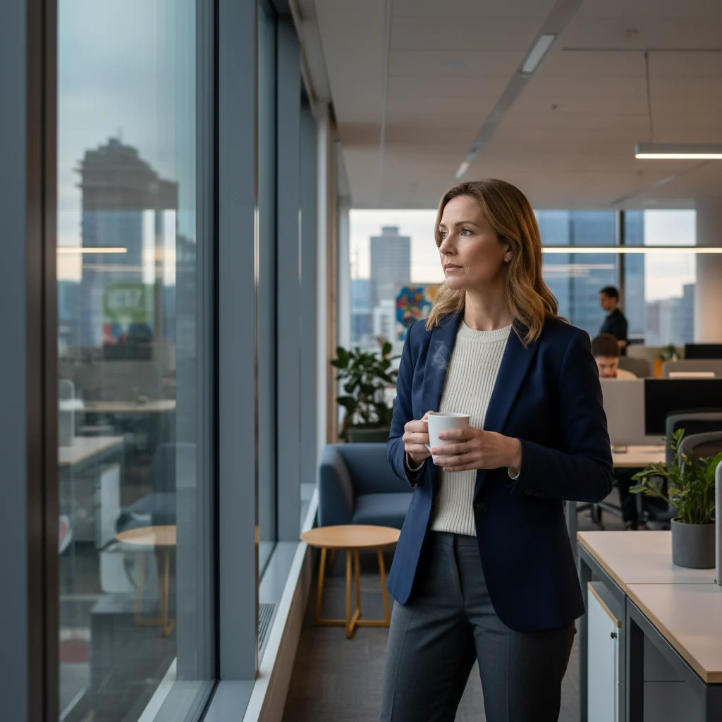 A photorealistic image depicting an adult professional in a modern office setting, thoughtfully reflecting on their career journey, symbolizing the exit interview process for employee feedback and improvement in a company environment. The scene shows the person looking contemplative, perhaps packing a personal item or shaking hands with a colleague, conveying a sense of closure and transition without focusing on any documents.