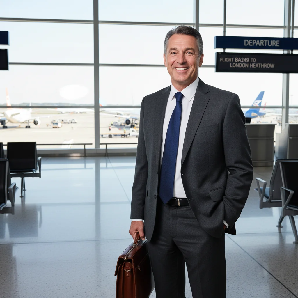 A photorealistic image depicting an adult professional in a business suit, standing confidently at an airport gate with a suitcase, symbolizing the completion of a journey or process, such as filling out an exit questionnaire for travel or relocation, evoking a sense of achievement and readiness to move forward.
