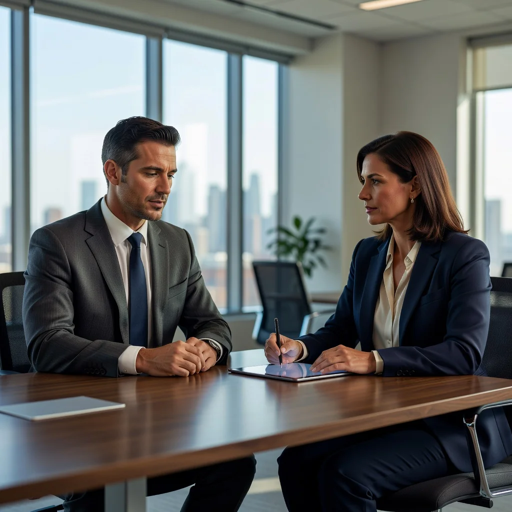 A photorealistic image depicting an adult professional in a modern office setting, engaged in a thoughtful exit interview conversation with a colleague, symbolizing the transition and feedback process in employment.