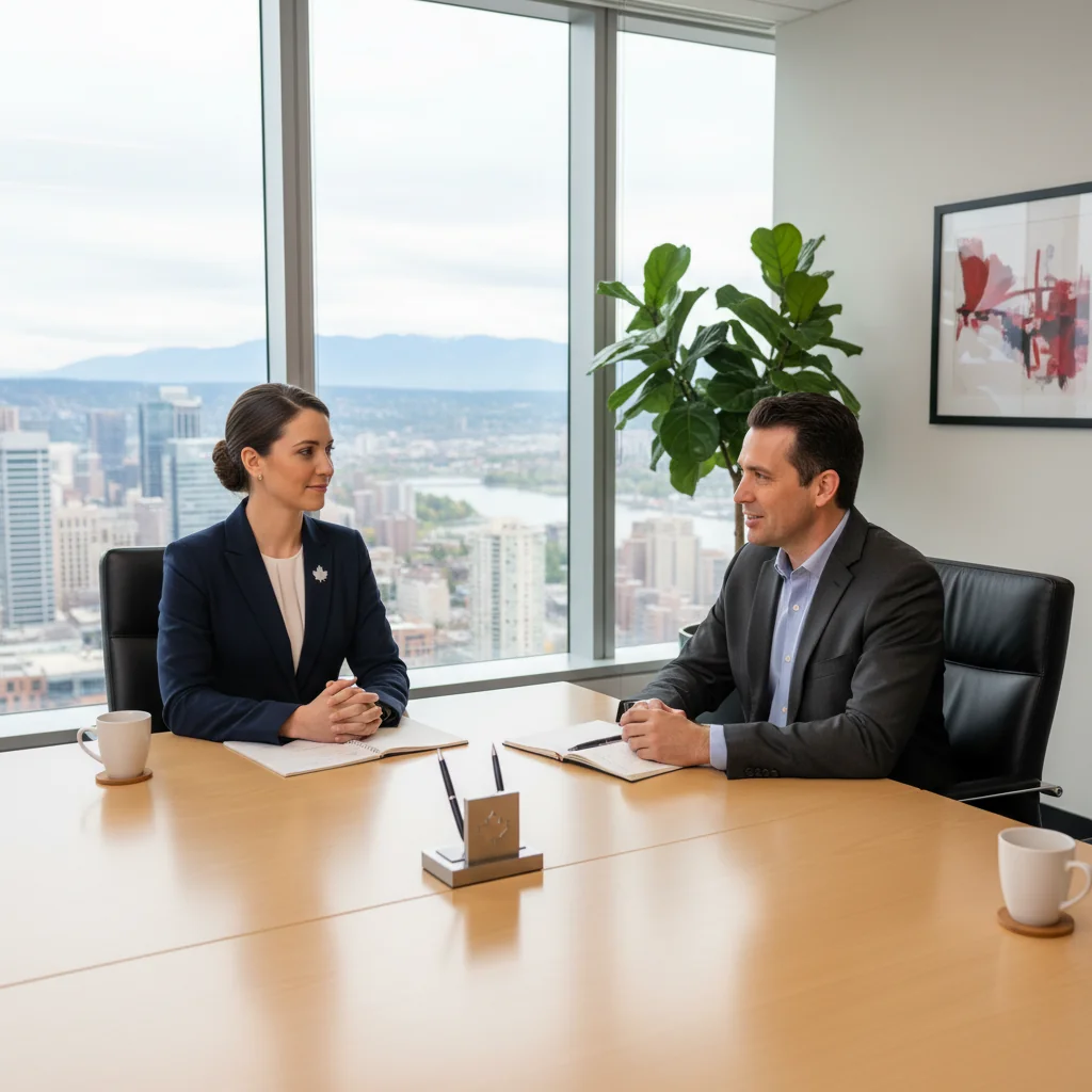 A photorealistic image of a professional adult employee in a modern Canadian office setting, shaking hands with a manager during an exit interview, symbolizing the transition out of employment with a sense of closure and professionalism.