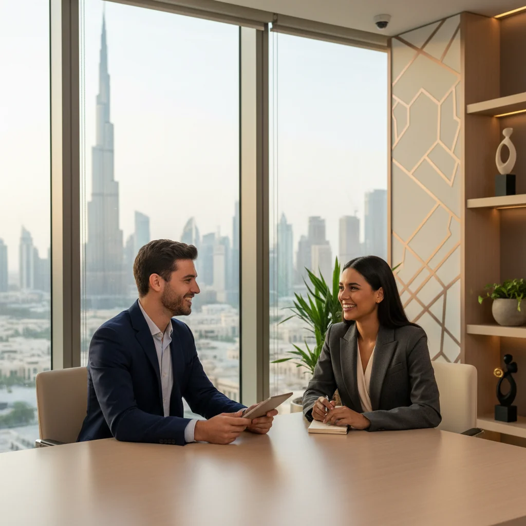 A photorealistic image depicting a professional exit interview scene in a modern UAE company setting, showing an adult employee and a HR manager engaged in a constructive conversation across a desk in a sleek office with subtle Emirati architectural elements in the background, conveying improvement and positive experience.