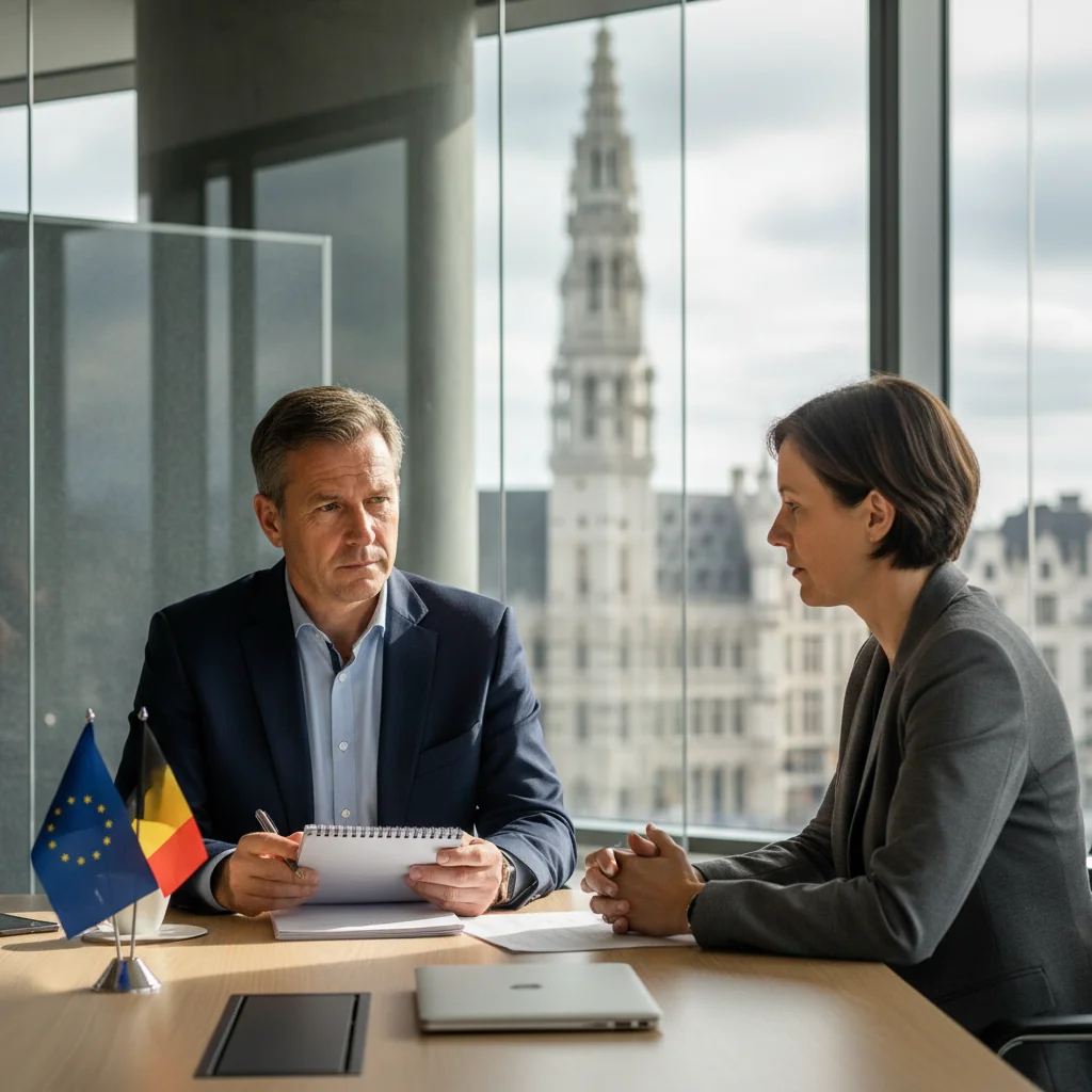A photorealistic image of a professional adult employee in a modern Belgian office setting, engaged in an exit interview with a manager, symbolizing the purpose of a departure questionnaire in Belgium. The scene captures a moment of thoughtful conversation at a desk with subtle Belgian elements like a flag or Brussels skyline in the background, conveying a sense of professional closure and transition.