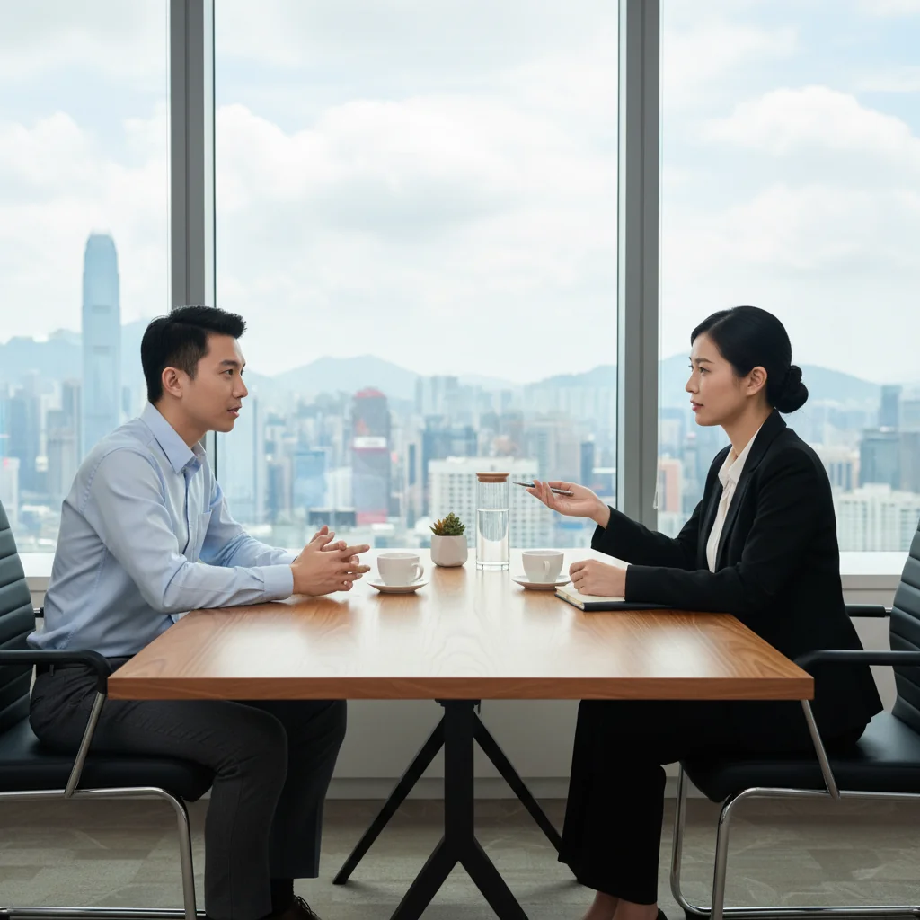 A photorealistic image depicting a professional exit interview scene in a modern Hong Kong office, showing an adult employee and a manager engaged in a calm discussion across a desk, with subtle Hong Kong skyline visible through the window, symbolizing the purpose of a resignation interview questionnaire for businesses.