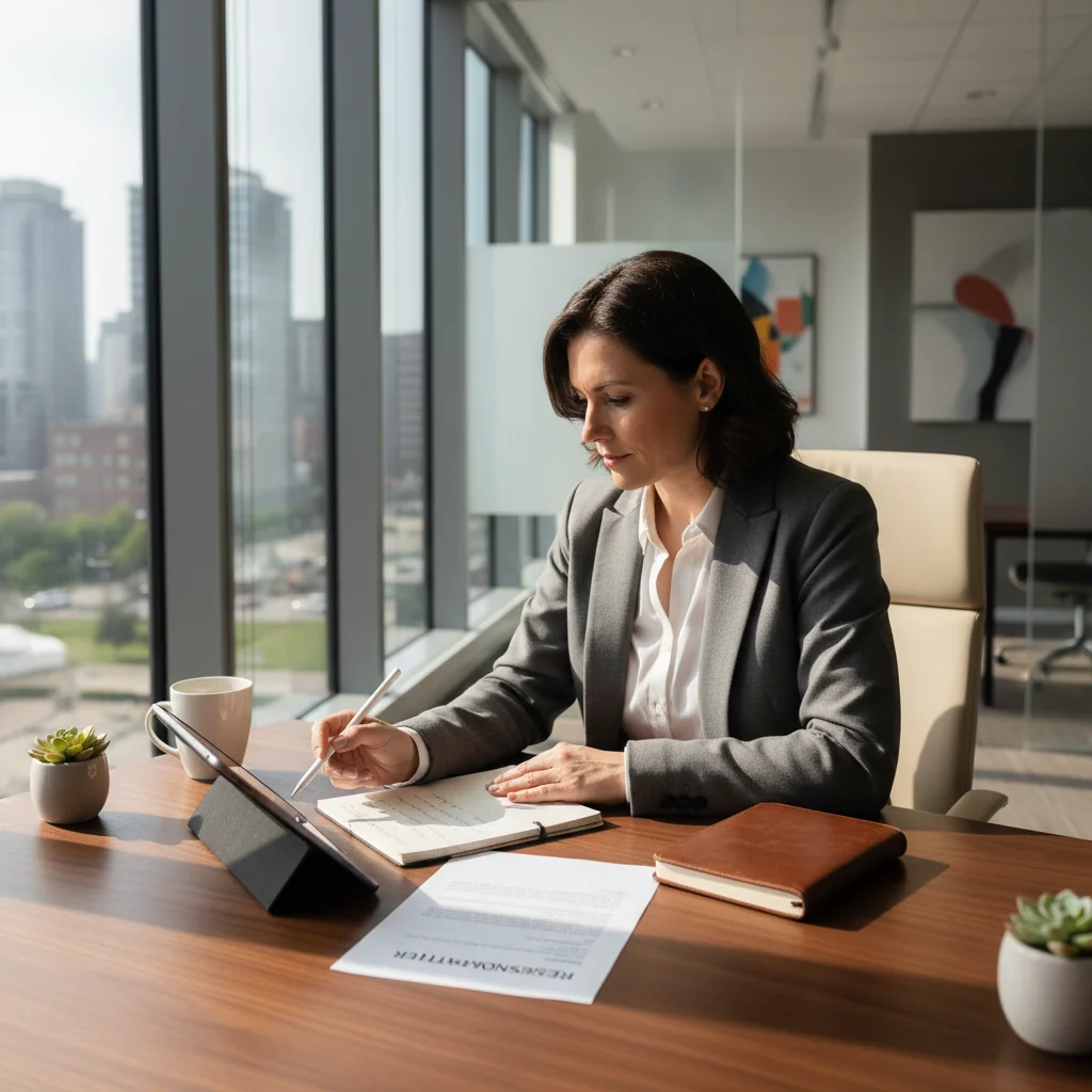 A photorealistic image of a professional adult employee in a modern office setting, looking thoughtful while packing personal items into a box on their desk, symbolizing the exit interview process after resignation, with a subtle atmosphere of reflection and transition, no children present.