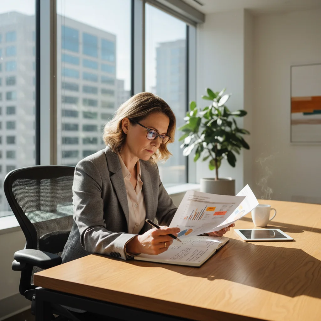 A photorealistic image depicting a thoughtful adult professional in a modern office setting, reviewing printed survey results from an exit interview questionnaire on a desk, symbolizing analysis of employee feedback, with charts and notes visible but no focus on the document itself. The scene conveys reflection and insight into workplace dynamics.