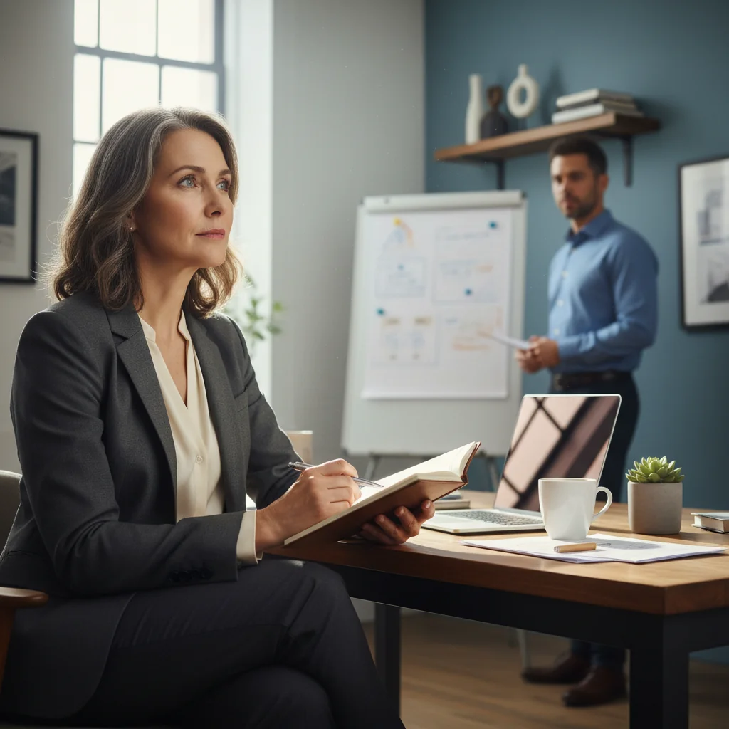 A photorealistic image of a professional adult employee in a modern office setting, looking thoughtful as they prepare for an exit interview, symbolizing the purpose of FAQ on exit questionnaires. The scene captures a sense of reflection and closure in one's career journey, with no children present.