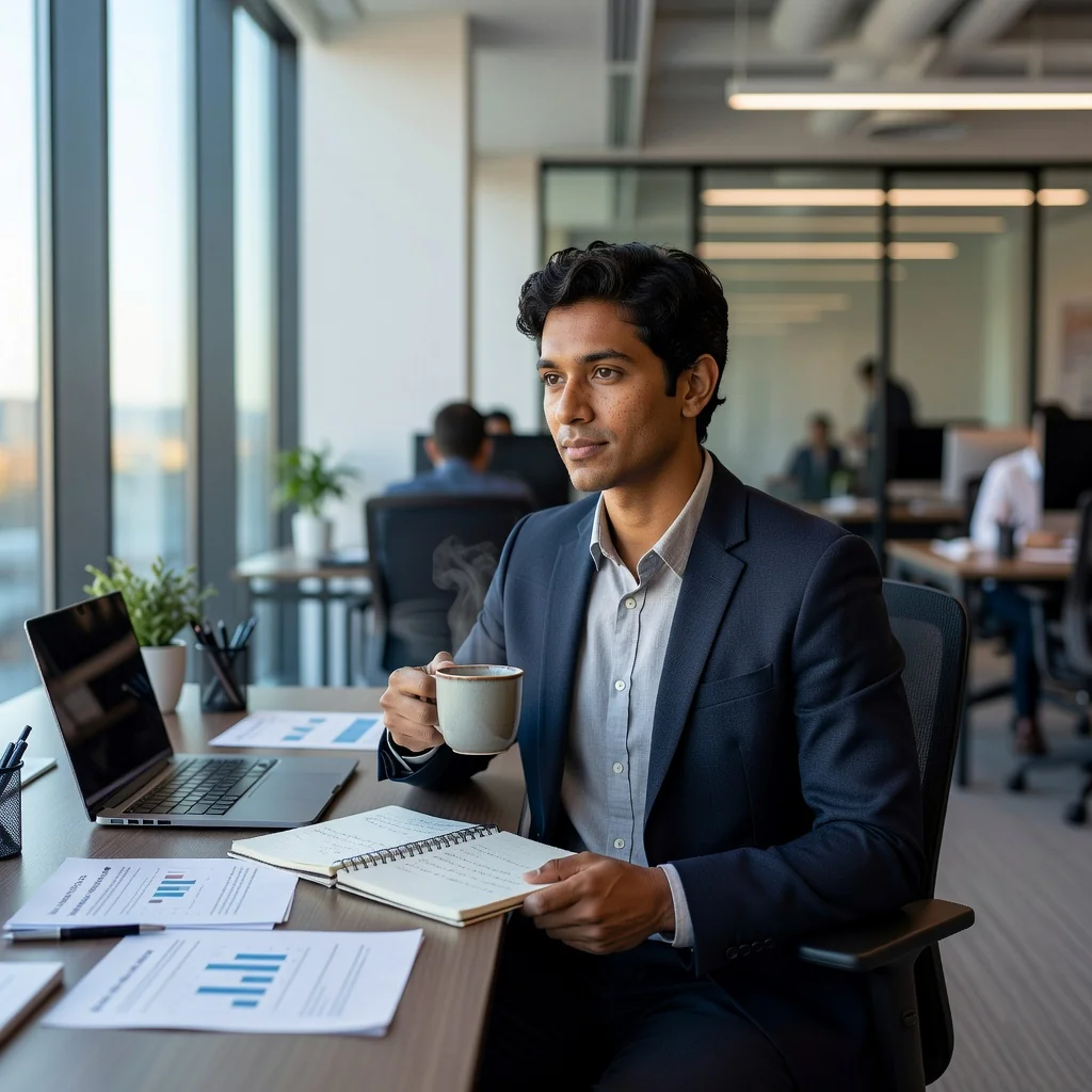 A photorealistic image of a professional adult employee in a modern office setting, thoughtfully reflecting on their work experience as they prepare to leave the company, symbolizing the purpose of an exit interview.