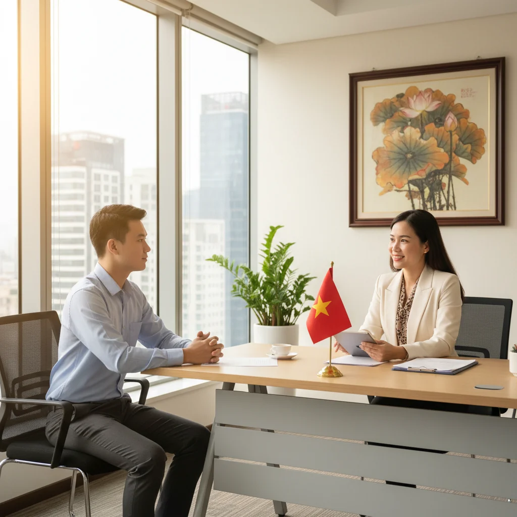 A photorealistic image depicting a professional exit interview scene in a modern Vietnamese office, showing an adult employee in business attire sitting across from an adult HR manager at a desk, engaged in a thoughtful conversation about reasons for leaving the company, with subtle Vietnamese cultural elements like a flag or local decor in the background, conveying a sense of reflection and improvement without showing any documents or children.
