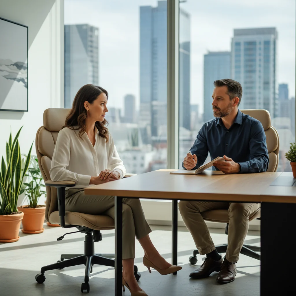 A photorealistic image of two professional adults in a modern office setting, engaged in an exit interview conversation. One person is sitting at a desk with a thoughtful expression, while the other gestures empathetically, symbolizing the purpose of an exit interview questionnaire to gather feedback from departing employees. The scene conveys professionalism, reflection, and open dialogue, without any focus on documents.