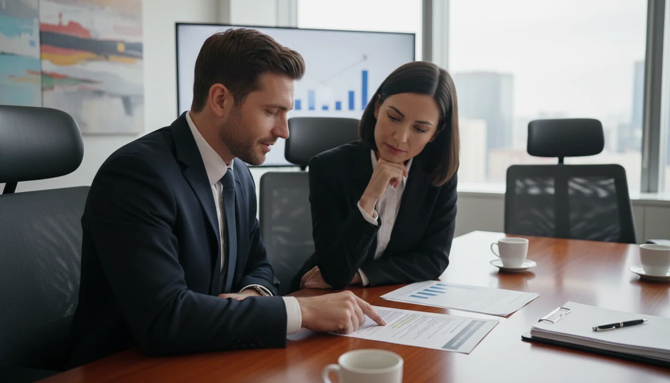 Business professionals discussing feedback.