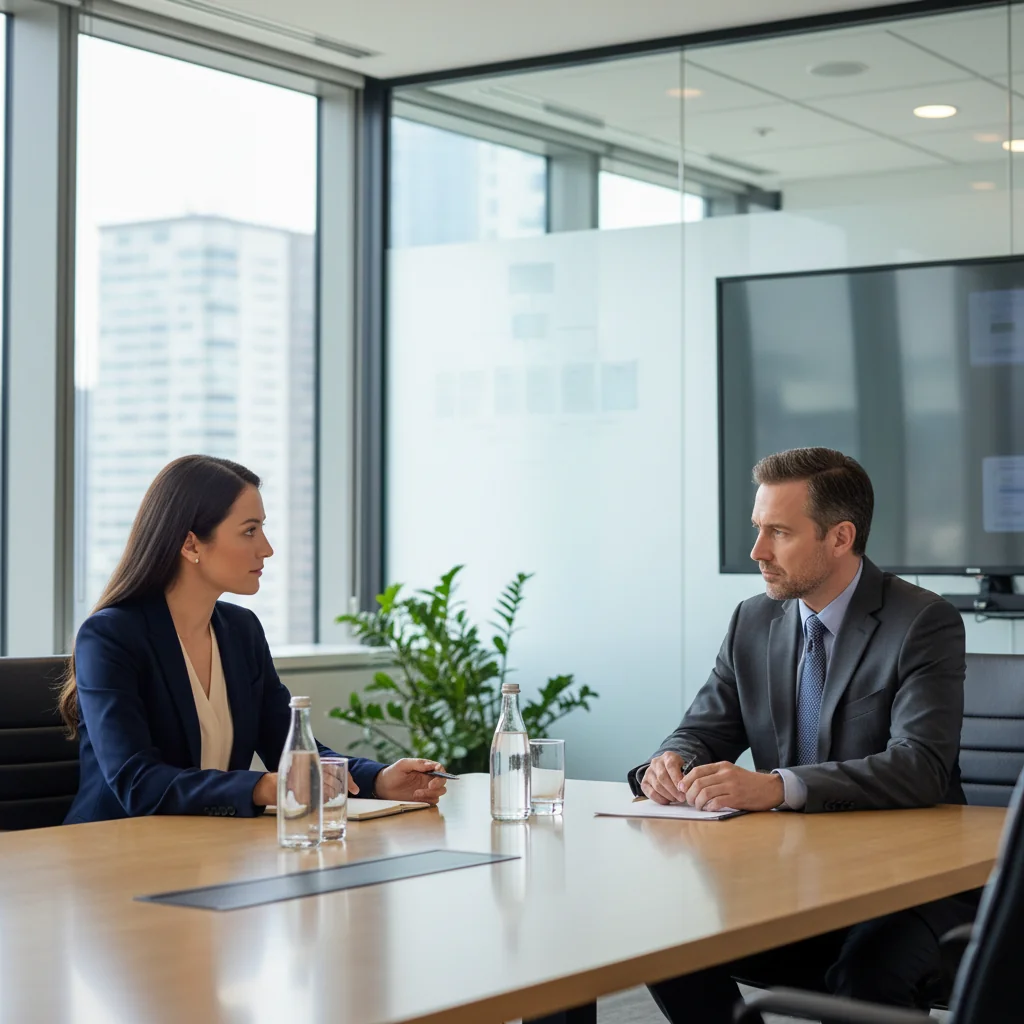 A photorealistic image depicting a professional exit interview scene, showing an adult employee in business attire sitting across from an HR manager in a modern office, engaged in a thoughtful conversation, symbolizing the purpose of gathering feedback during employee departure, no children present.