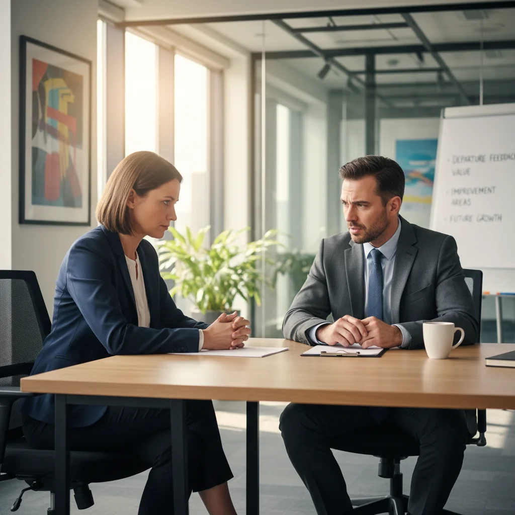 A photorealistic image of a professional HR manager in a modern office conducting an exit interview with a departing adult employee, both seated at a table in a thoughtful discussion, symbolizing the importance of feedback in human resources, no children present, highly detailed and realistic.