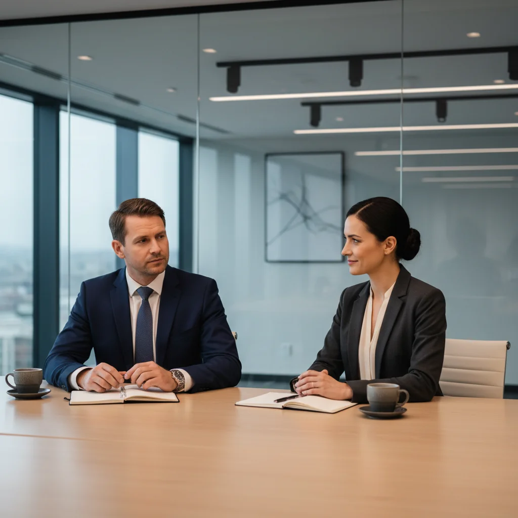 A photorealistic image depicting a professional exit interview scene in a modern office, showing an adult employee and a manager engaged in a thoughtful conversation across a desk, symbolizing the purpose of a departure questionnaire for employers to gather feedback from leaving staff.