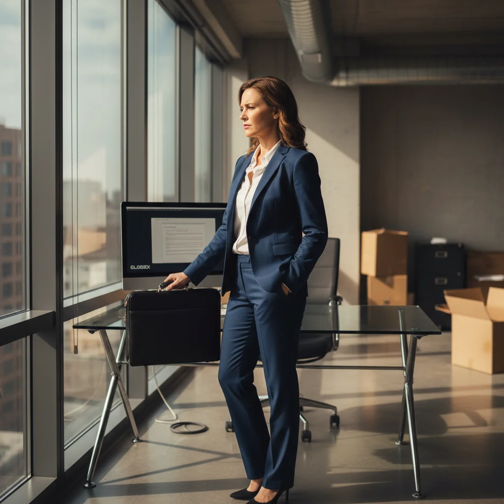 A photorealistic image depicting an adult professional employee in a modern office setting, looking thoughtful while preparing to exit a company, perhaps packing personal items from a desk or shaking hands with a colleague, symbolizing the transition out of employment.