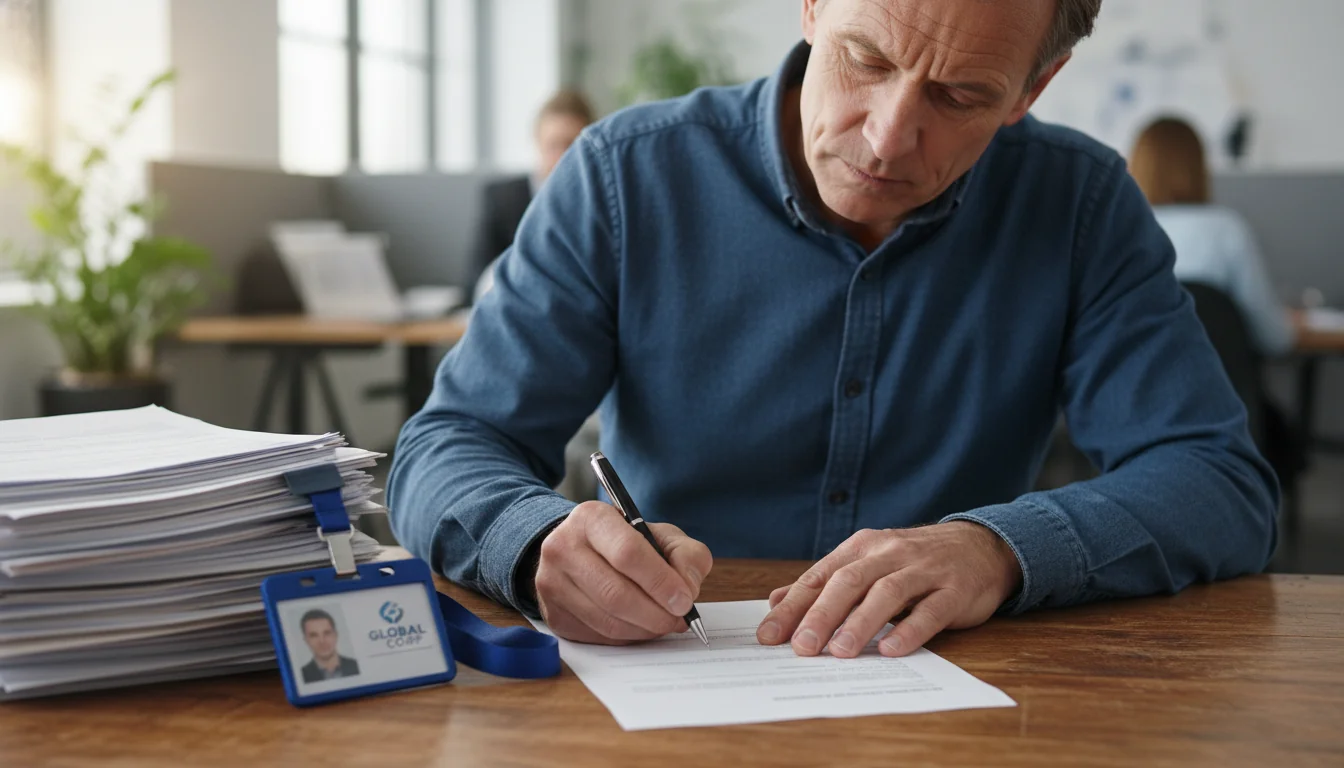 Signing final exit documents at desk