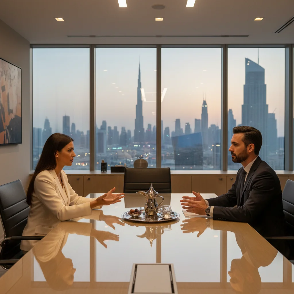 A photorealistic image depicting a professional business meeting in a modern UAE office, with diverse adult executives shaking hands over a table, symbolizing the exit interview process in corporate settings, with subtle UAE skyline in the background through large windows. No children or text visible.