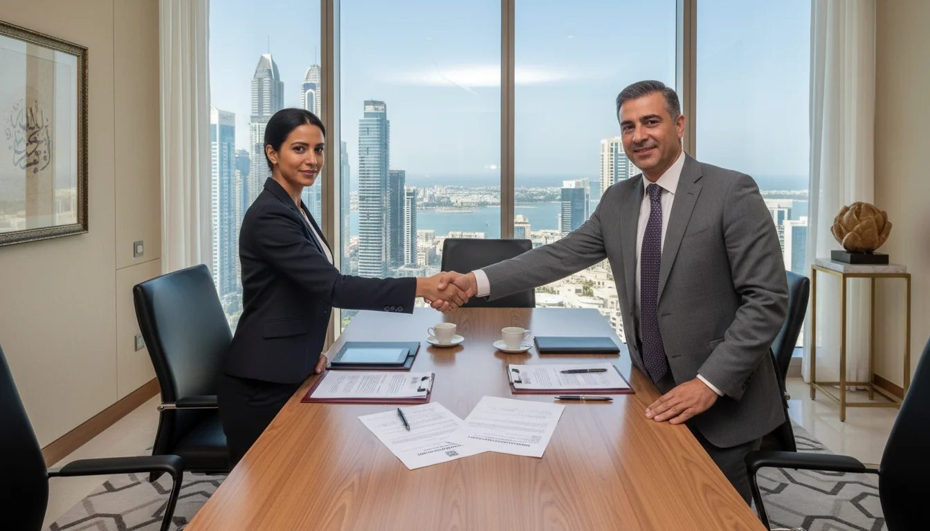 Business meeting signing UAE papers