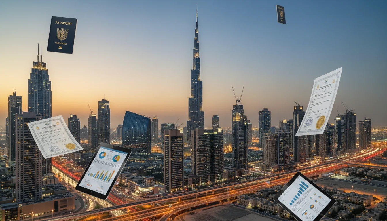 UAE skyline with document icons