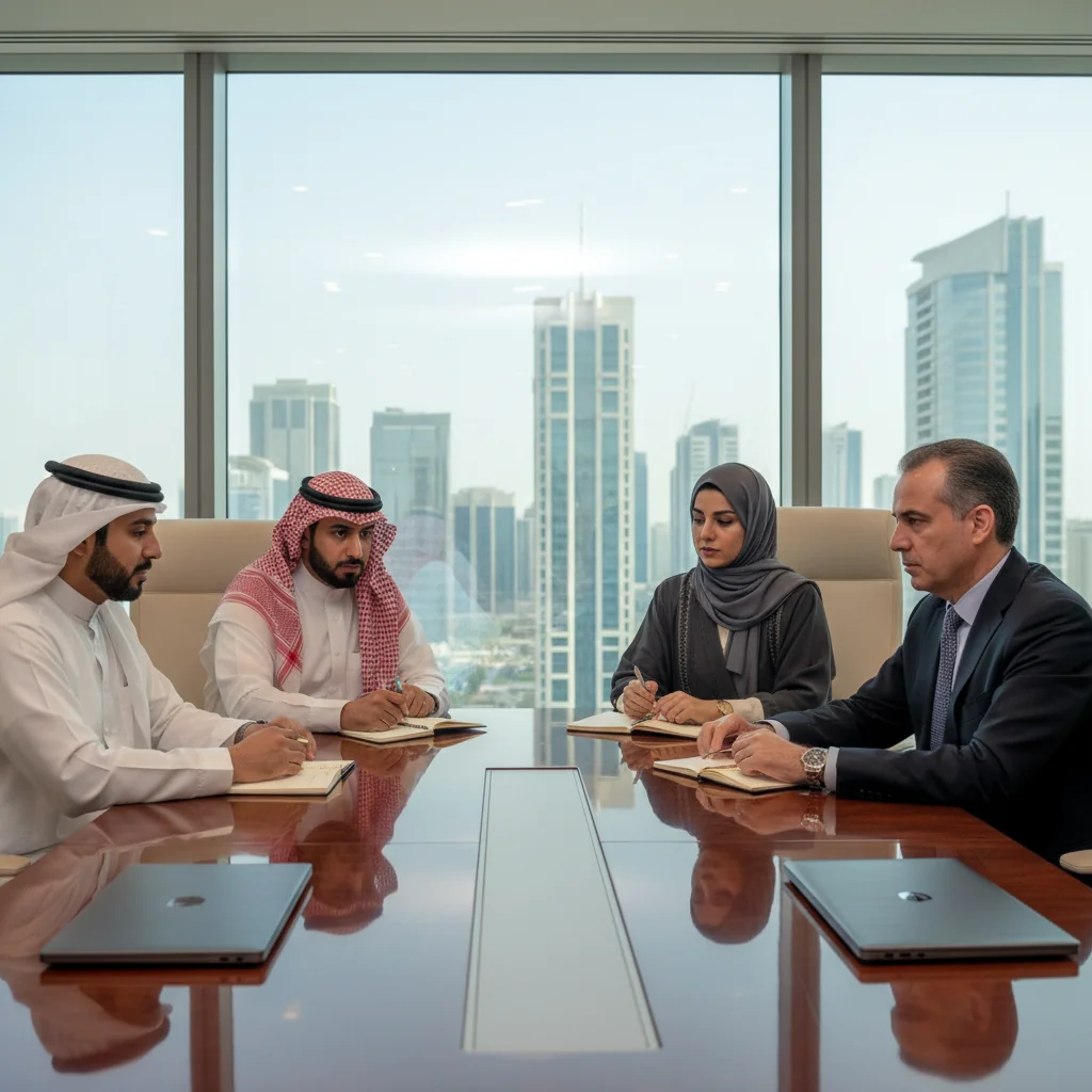 A professional business meeting in a modern Saudi Arabian corporate office, with diverse adult professionals discussing documents around a conference table, symbolizing exit interviews and corporate procedures, photorealistic style.