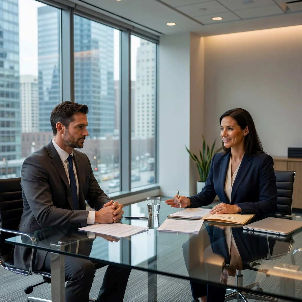 A photorealistic image depicting a professional exit interview scene in a modern corporate office in the United States. An adult employee in business attire is seated across from an HR manager at a conference table, engaged in a thoughtful conversation, symbolizing the purpose of an exit interview questionnaire to gather feedback from departing staff. The atmosphere is professional and reflective, with no children present.