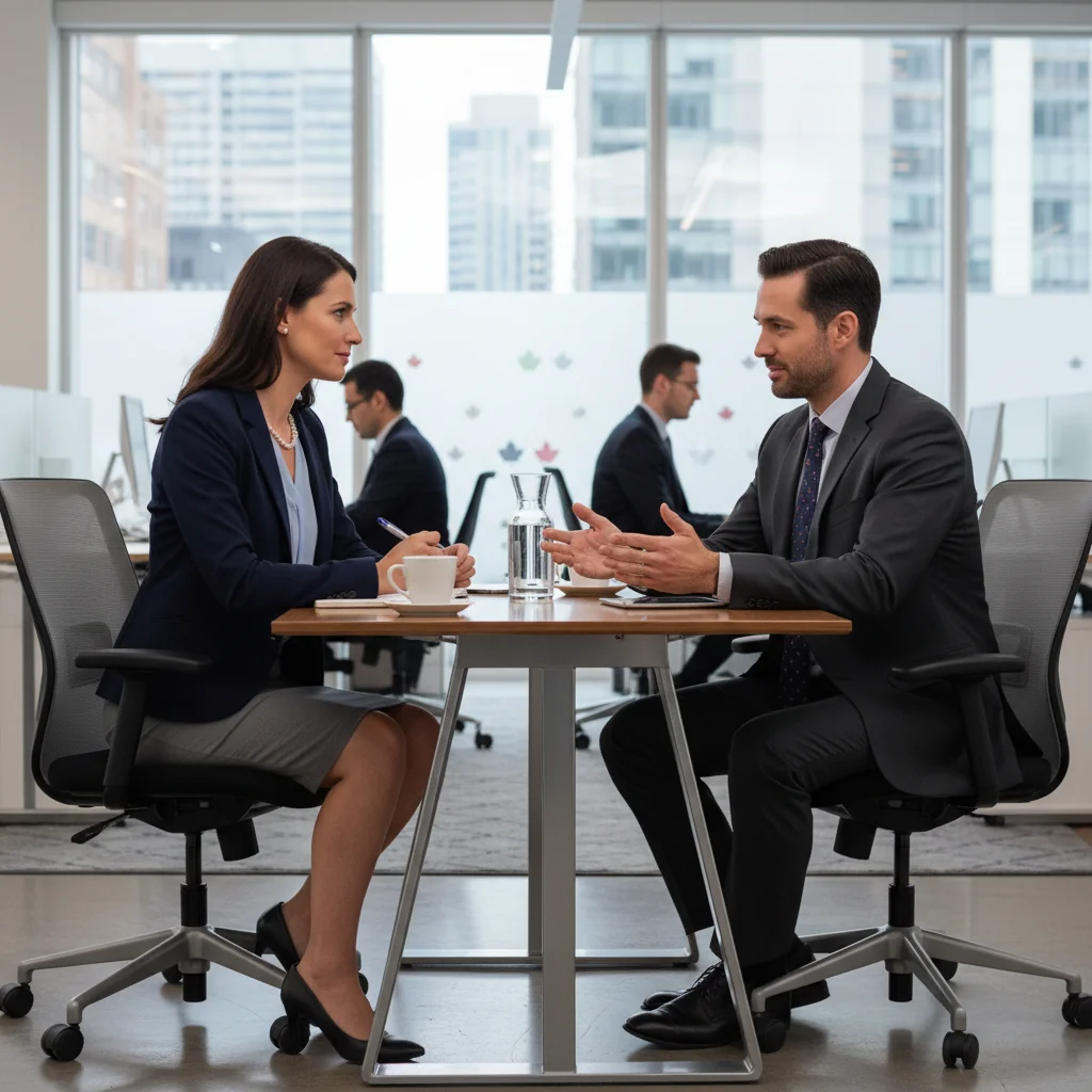 A photorealistic image of a professional employee in a modern Canadian corporate office, thoughtfully reflecting during an exit interview process, symbolizing the purpose of an exit interview questionnaire without showing any documents or children.