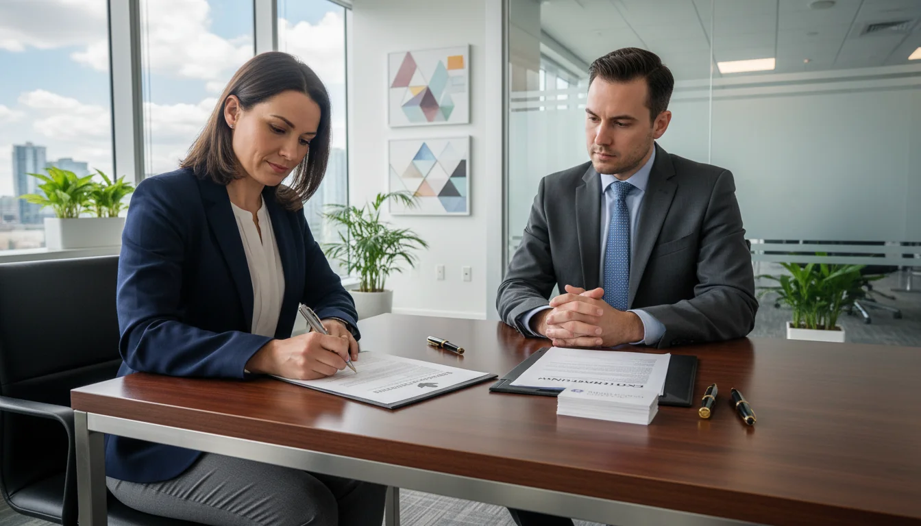 Corporate employee signing exit documents