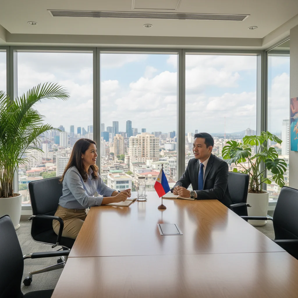 A photorealistic image depicting a professional exit interview in a modern Philippine corporate office, showing a departing adult employee in business attire sitting across from an HR professional at a conference table, engaged in a thoughtful conversation, with subtle Philippine cultural elements like a flag or tropical plants in the background, conveying a sense of closure and reflection on employment experience.