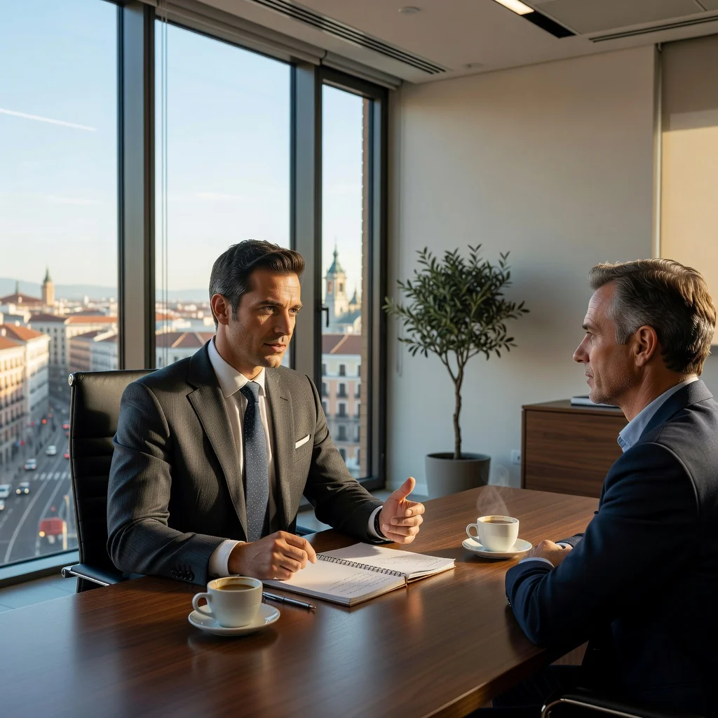 A photorealistic image of a professional adult employee in a modern Spanish office setting, engaged in an exit interview with a manager, symbolizing the purpose of an exit questionnaire in a corporate context. The scene shows two adults discussing at a desk with subtle Spanish elements like a flag or architecture in the background, conveying a sense of professional closure and feedback.