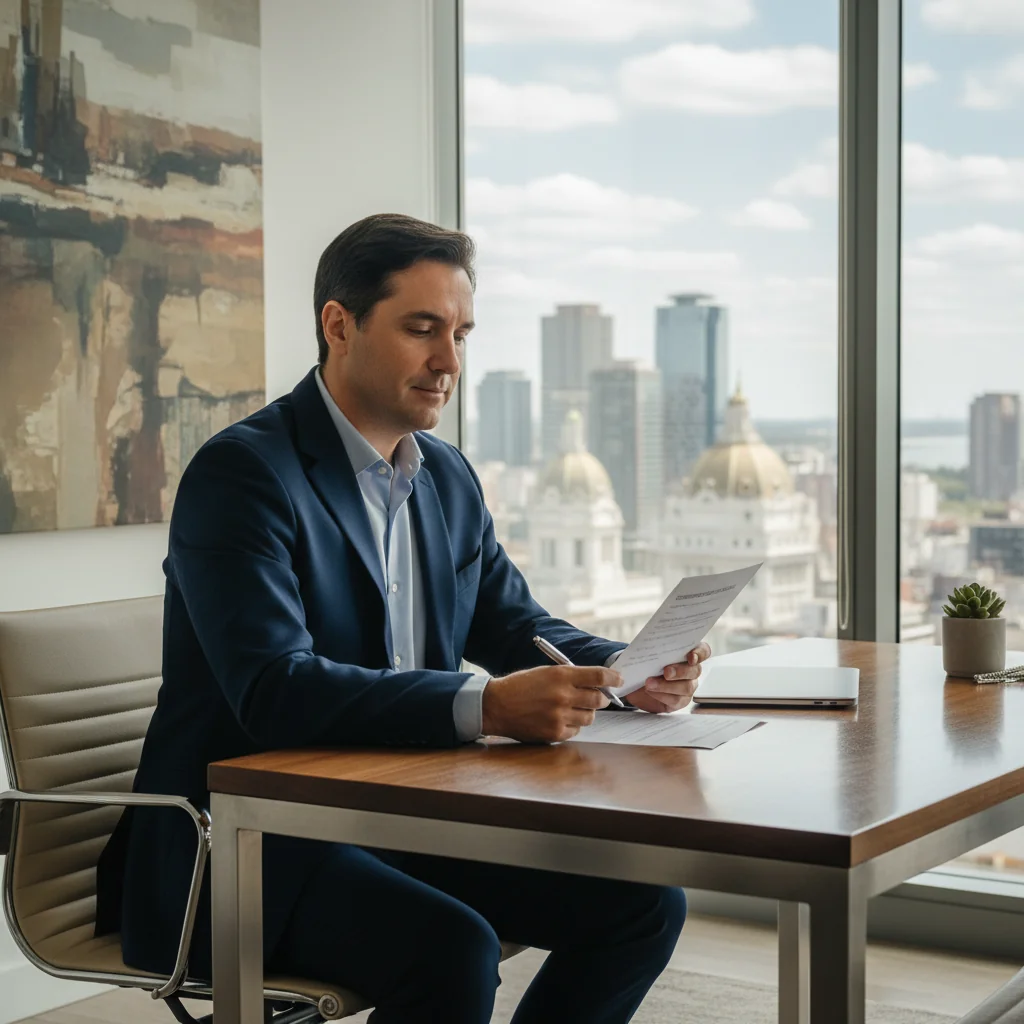 A photorealistic image of a professional businessperson in a modern office setting in Buenos Aires, Argentina, thoughtfully reviewing paperwork related to an exit interview questionnaire, symbolizing the completion of employment and transition out of a corporate role, with no children present.