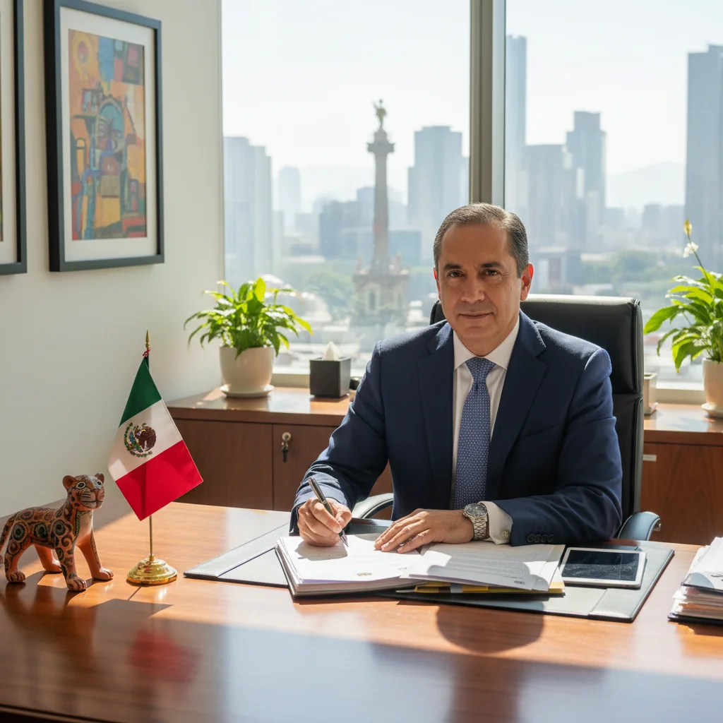 A professional scene in a modern Mexican corporate office, showing a business executive in a suit reviewing documents at a desk with Mexican flag elements in the background, symbolizing the exit process from a company.