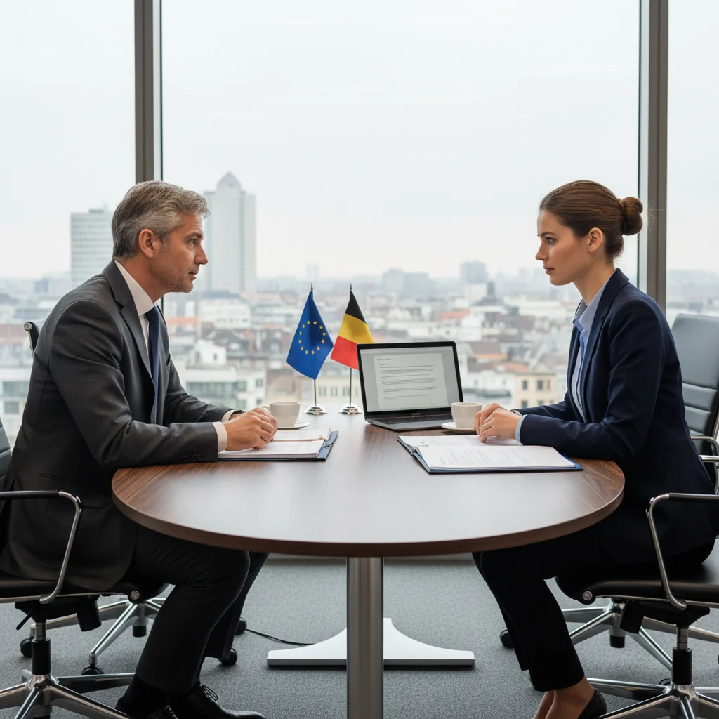 A professional photorealistic image of a business meeting in a modern Belgian corporate office, where a manager and an employee are engaged in an exit interview discussion, symbolizing the purpose of an end-of-employment questionnaire. The setting includes Belgian elements like a subtle flag or Brussels skyline view, with adults only, no children present.