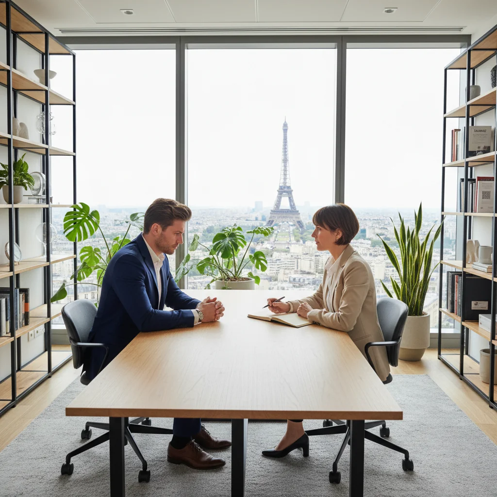 A photorealistic image of two professional adults in a modern office setting in France, engaged in an exit interview: one seated at a desk looking thoughtful while the other takes notes, symbolizing the purpose of a corporate departure questionnaire to gather feedback from departing employees. The scene includes subtle French elements like a window view of Paris landmarks, conveying a sense of professional closure and reflection.