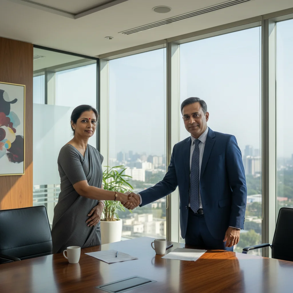A photorealistic image of a professional Indian office setting during an exit interview, showing an adult employee in business attire sitting across from a mature HR manager at a conference table, engaged in a serious conversation, with modern office background elements like windows and desks, conveying a sense of closure and reflection on corporate experience, no children present.
