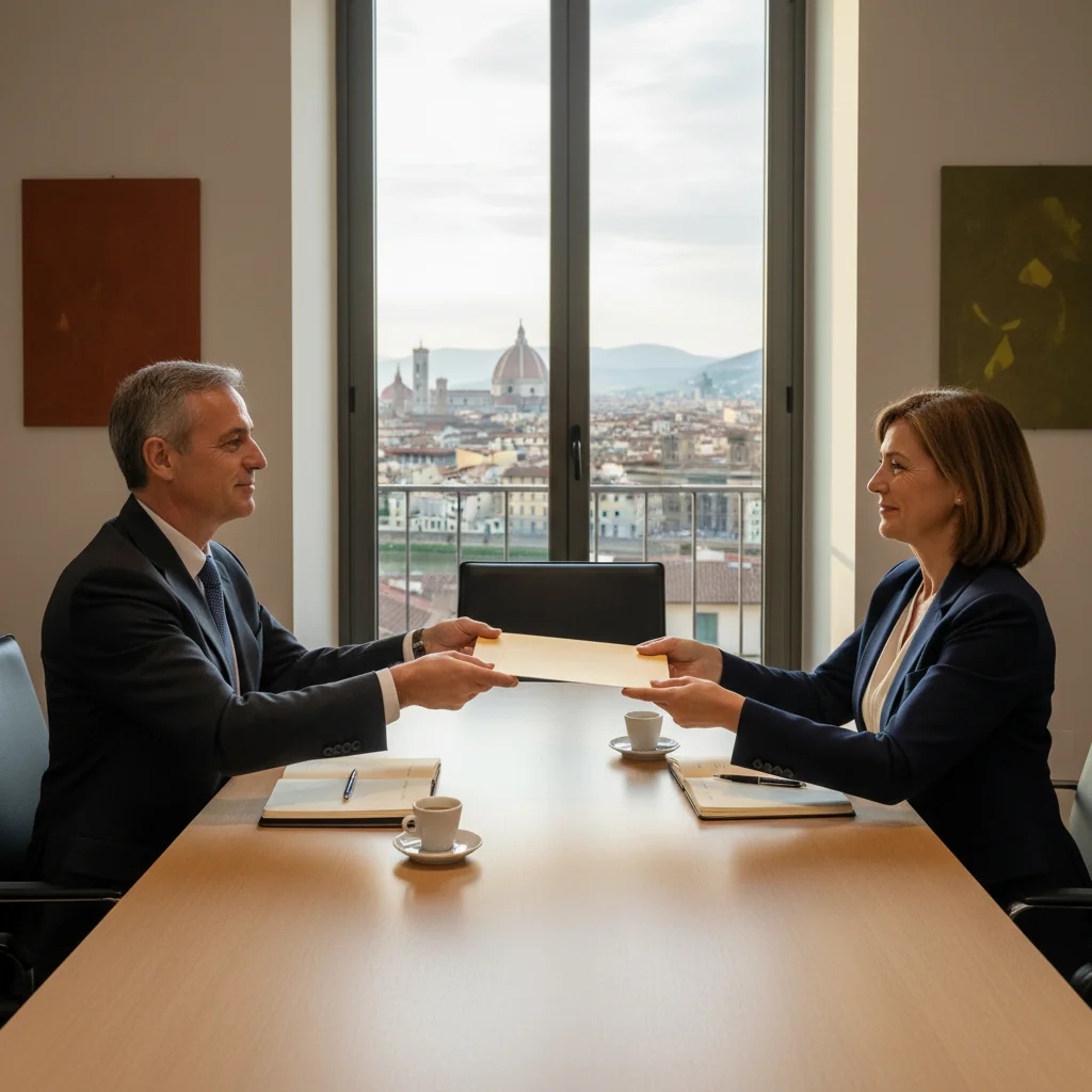 A professional adult employee in a modern Italian office setting, shaking hands with a colleague during an exit interview, symbolizing the end of employment and completion of corporate exit procedures, with Italian flags or subtle cultural elements in the background.