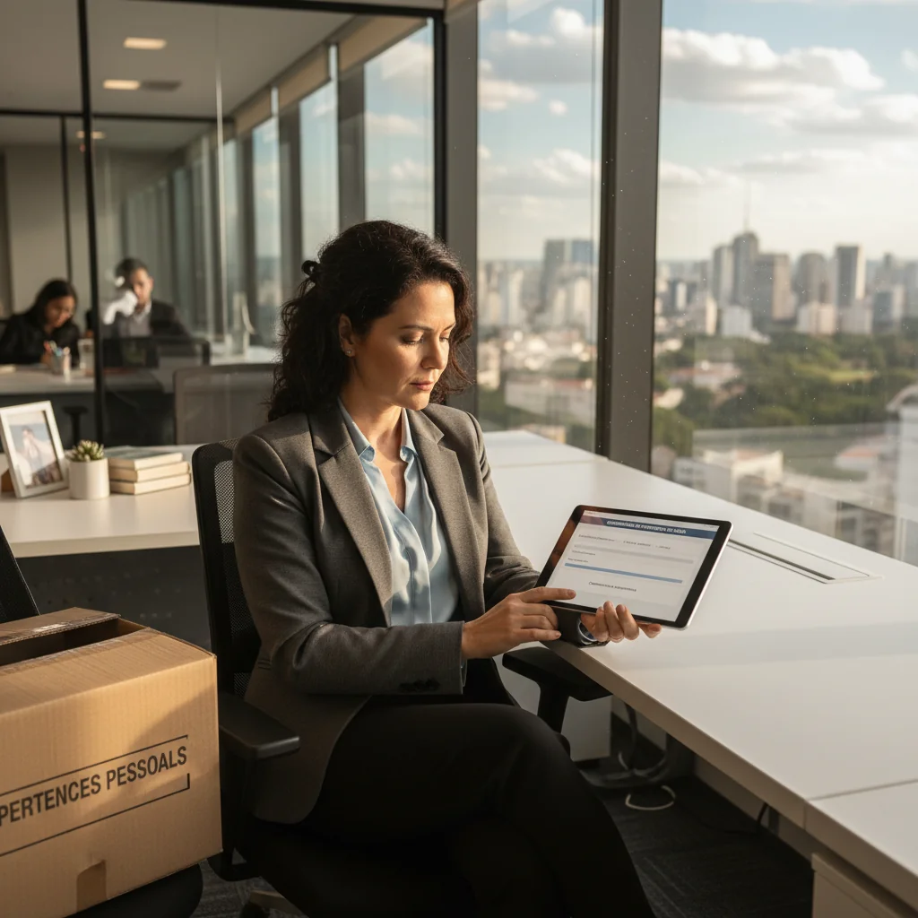 A photorealistic image depicting an adult professional in a modern Brazilian office setting, thoughtfully completing an exit interview questionnaire on a tablet during their final day at work, symbolizing the purpose of an exit interview document in a corporate context, with no children present.