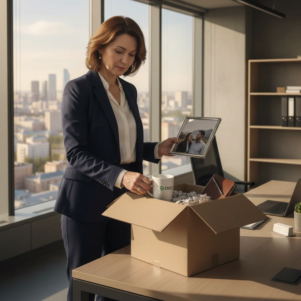 A photorealistic image of a professional adult employee in a modern office setting, packing personal belongings into a box with a thoughtful expression, symbolizing the moment of leaving a company in Russia, with subtle Russian cultural elements like a window view of a cityscape resembling Moscow, no documents visible, no children present.