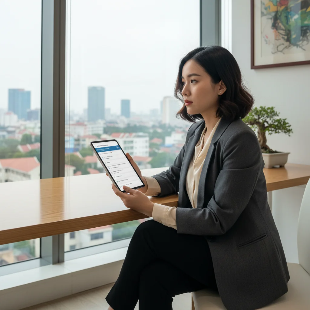 A photorealistic image depicting a professional adult employee in a modern office setting in Vietnam, thoughtfully reviewing feedback from an exit interview during a resignation process, symbolizing the purpose of employee turnover surveys in corporate environments.