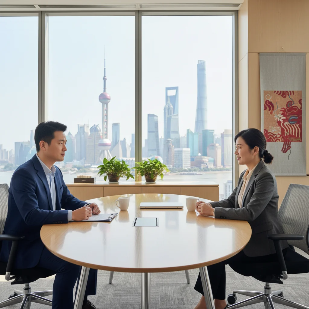 A photorealistic image of a professional business meeting in a modern Chinese corporate office, where an employee and a manager are engaged in a calm, respectful exit interview discussion across a conference table, symbolizing the purpose of a resignation interview questionnaire in a Chinese company setting, with subtle Chinese cultural elements like traditional decor in the background, no children present.