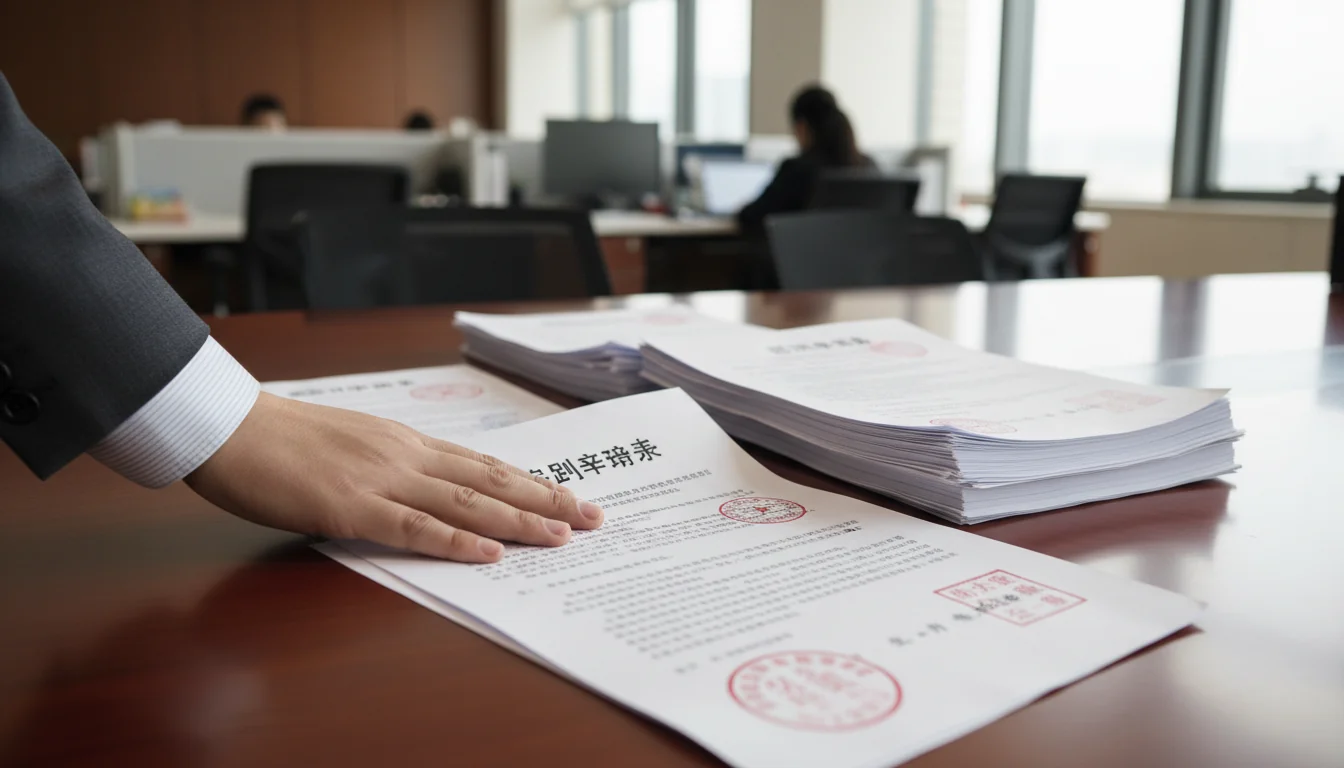 Corporate documents on Chinese desk