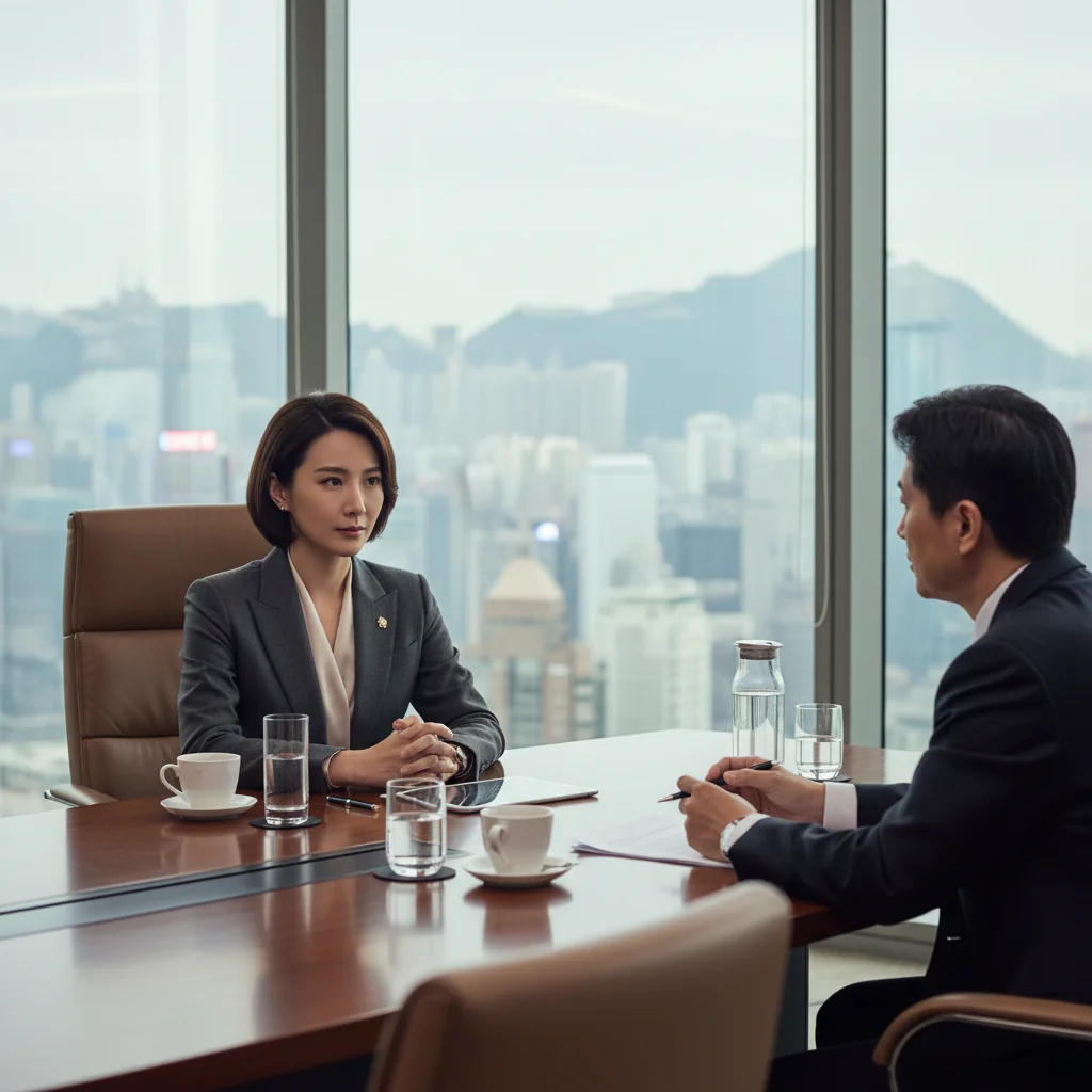 A photorealistic image of a professional adult in a modern Hong Kong office, sitting at a desk during an exit interview, looking reflective and composed, with subtle city skyline view through the window, conveying a sense of closure in corporate life.