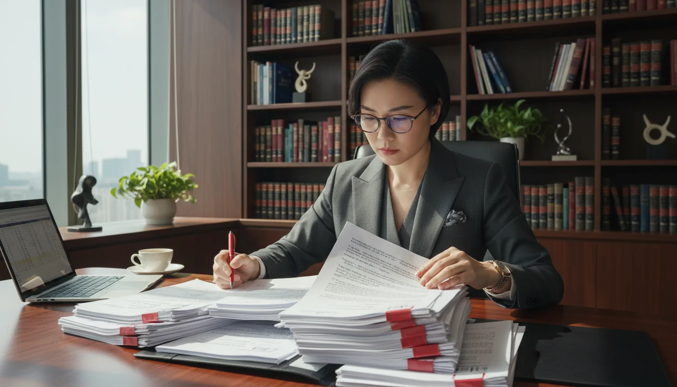 Corporate lawyer reviewing Hong Kong papers