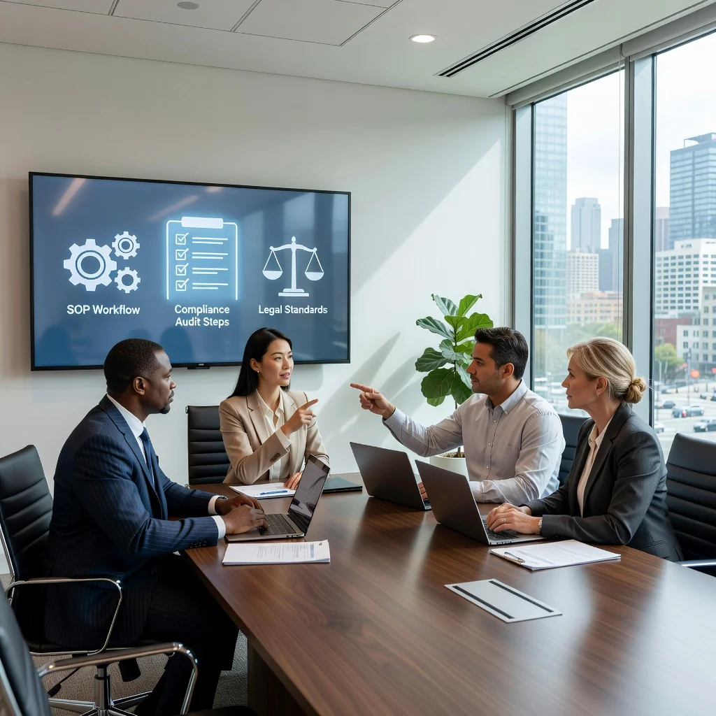 A photorealistic image of a professional business meeting in a modern office, where a diverse group of adults are discussing and reviewing standard operating procedures on a large screen, symbolizing legal compliance and organized business practices in the United States. No children are present in the image.