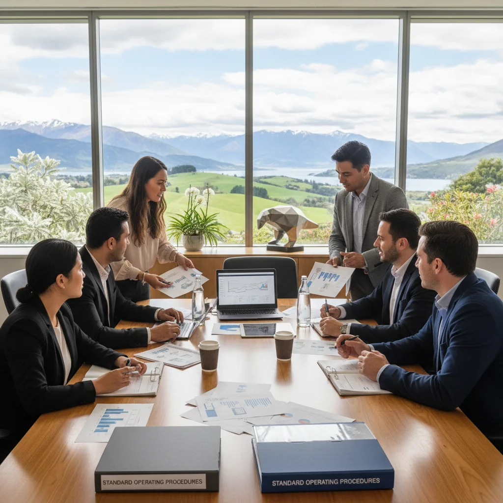 A photorealistic image of a professional team in a modern New Zealand workplace, collaborating on implementing standard operating procedures. Diverse adult employees are gathered around a table, reviewing charts and discussing processes, with elements like safety gear and office equipment in the background, symbolizing efficiency and compliance. No children are present.