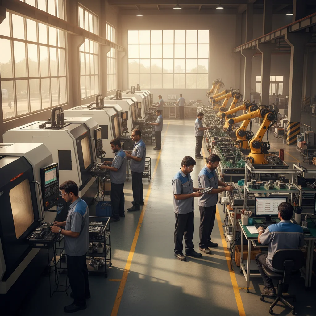 A photorealistic image of a modern Indian industrial factory floor where diverse adult workers are efficiently operating advanced machinery, following organized processes, with a sense of productivity and standardization, highlighting the benefits of SOP implementation in Indian industries.