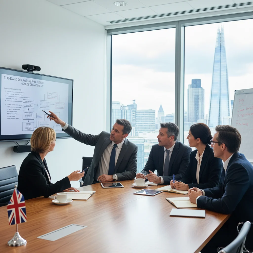 A photorealistic image of a professional business meeting in a modern UK office, where a diverse group of adults is collaboratively reviewing and discussing a standard operating procedure on a large screen, symbolizing organization and efficiency in business processes. The scene includes professionals in business attire, with elements like Union Jack flags or London skyline in the background to evoke the UK setting. No children are present.