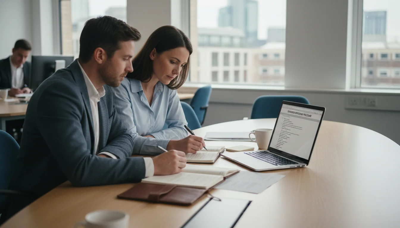 Business professionals drafting SOP document